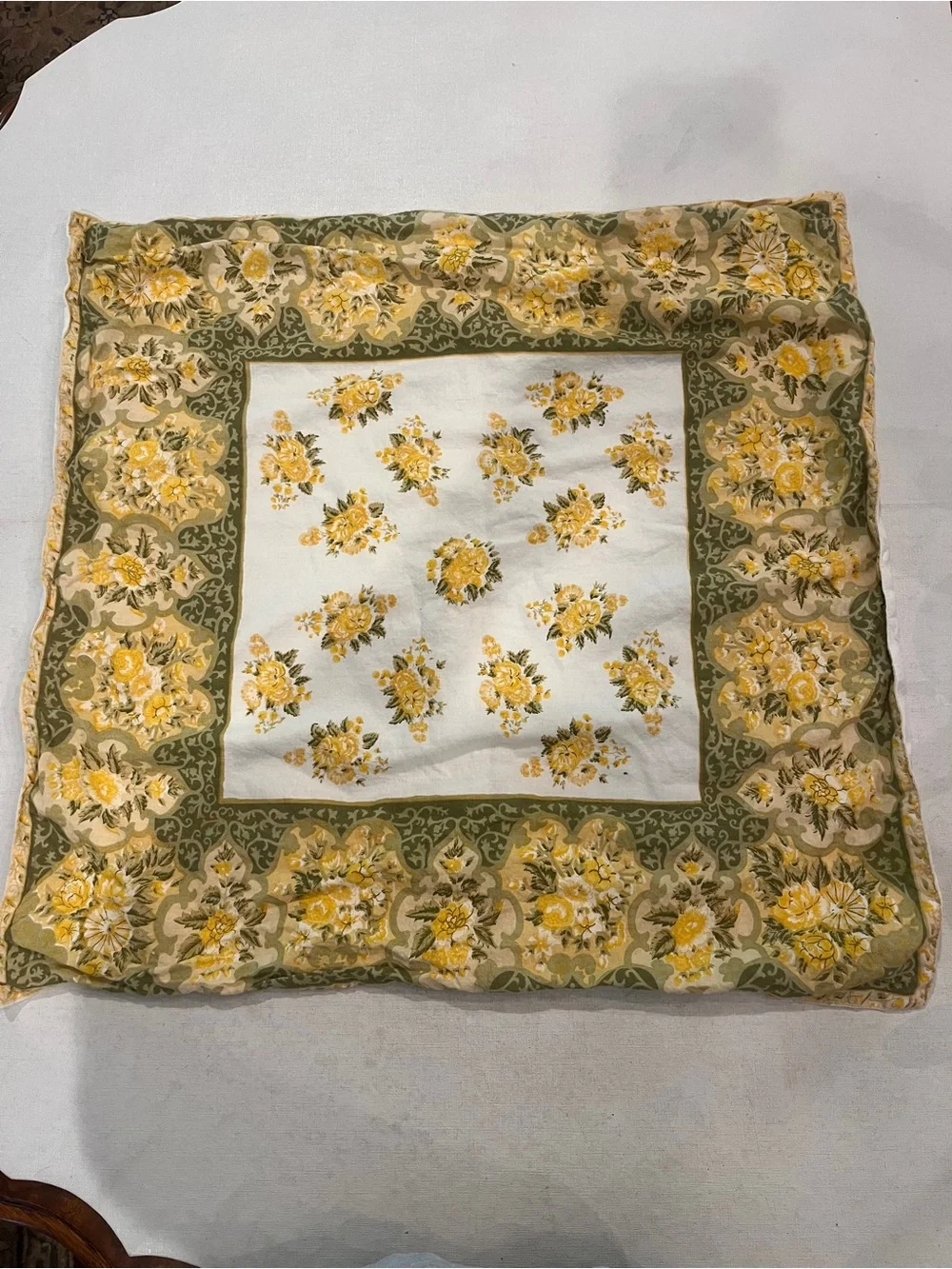 Vintage Yellow and Olive floral square  Pillow Cover. So retro!